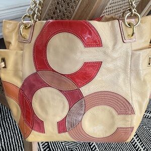 Coach Cream Leather Tote with Red, Pink and Orange Accents